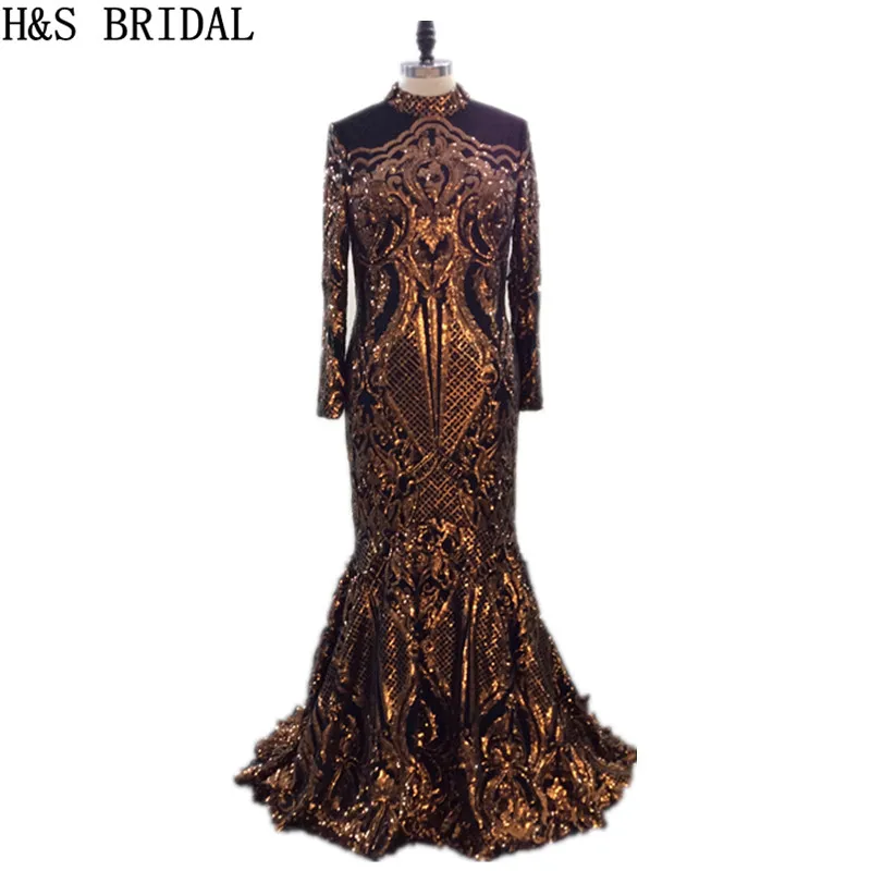 H& S свадебное вечернее платье с длинным рукавом с золотыми блестками кружевное вечернее платье аппликация мусульманское платье для выпускного вечера abendkleider