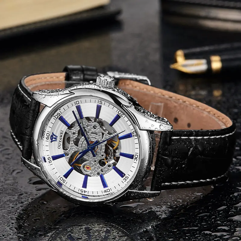 

HOT OUYAWEI Mechanical Watch Men's Skeleton wristwatch Man watches Leather Relogio Masculino Luxury Fashion Casual Wrist Watch
