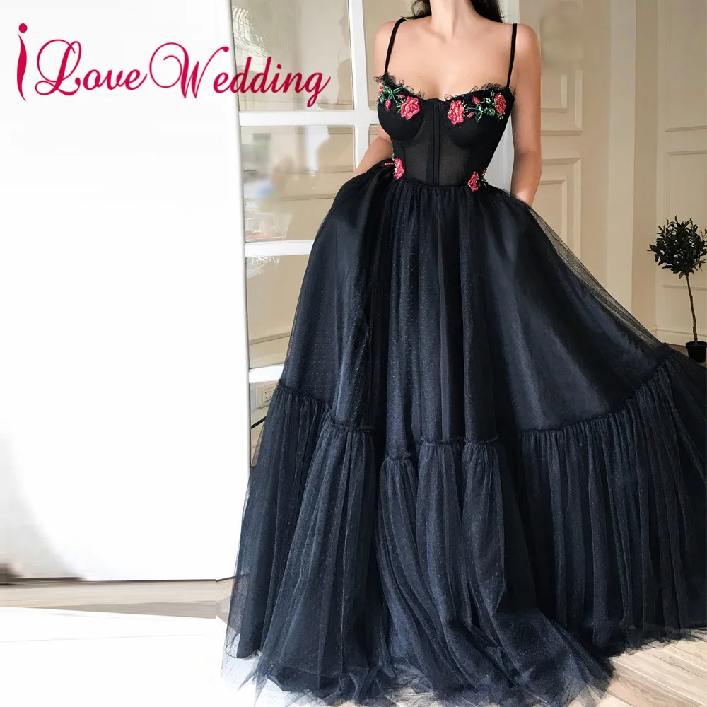 

Robe de soiree 2018 Sweetheart Sexy Spaghetti Straps Embroidery Applique Black Formal A Line Evening Dresses Long
