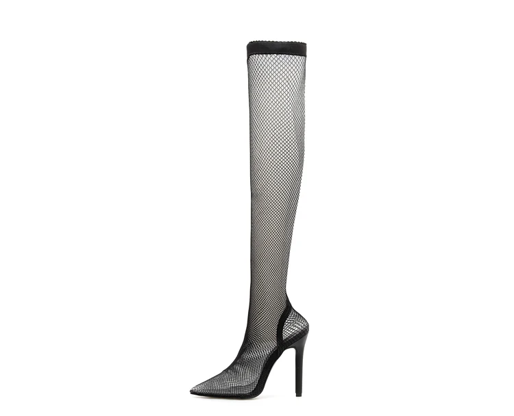 Bellinsley/ г. Весенние прозрачные эластичные носки с сеткой женские ботфорты выше колена на тонком каблуке с острым носком