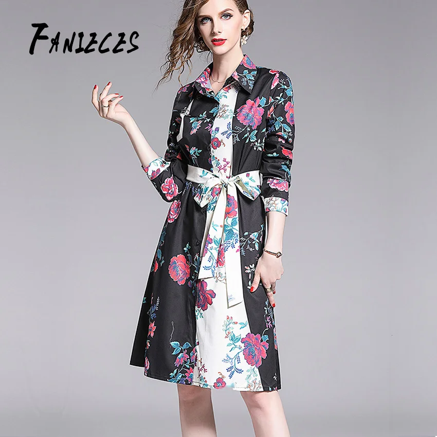 

FANIECES Floral Print Vintage A-Line Shirt Dress Women Autumn Runway Designer High Quality Casual Women Fashion 2019 Robe Femme
