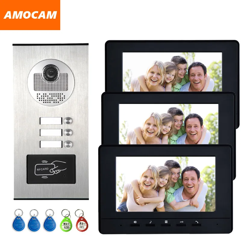 3 Units Apartment intercom system Video Door Phone Door Intercom HD Camera 7 Monitor video Doorbell