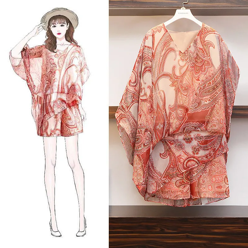 

XL-5XL Plus Size Floral Print Boho Two Piece Set 2019 Summer Vacation beachwear chiffon casual 2 Piece Outfits fpr women holiday