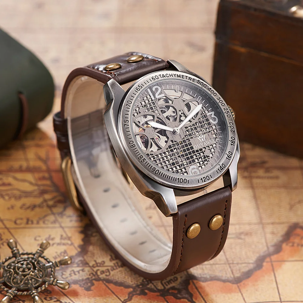 Top Sale OUYAWEI Self Wind Vintage Mechanical Leather Watch Men Skeleton Automatic Antique