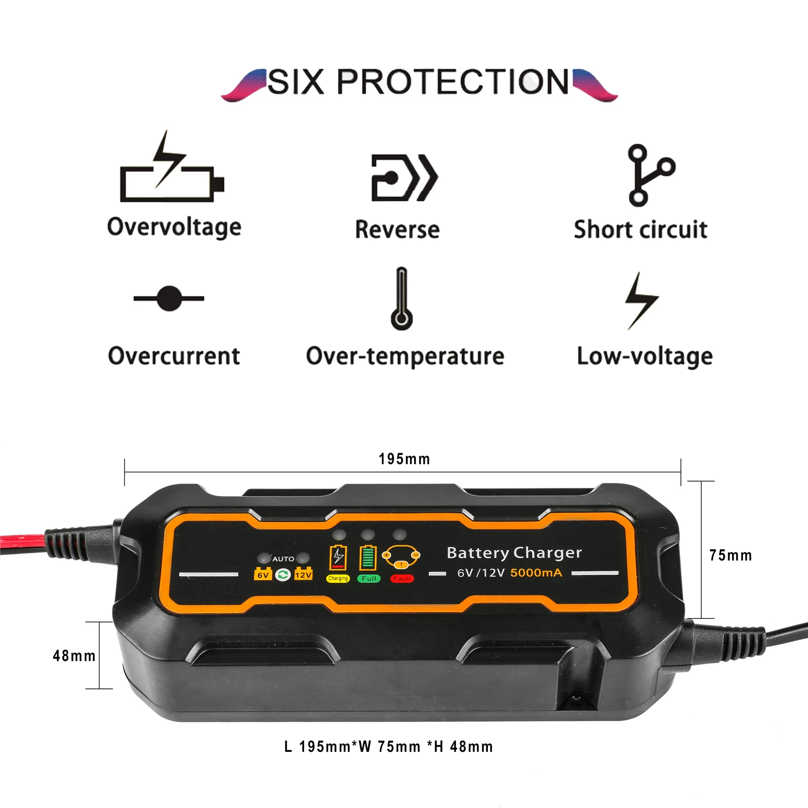 12 V/6 V 5A умное автомобильное зарядное устройство автоматическое распознавание портативное устройство для ускоренной зарядки для авто мотоциклов свинцово-кислотные батареи