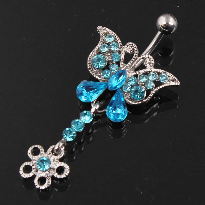 Hot Sale 316l Surgical Steel Piercing Lake Blue 3 Festival Butterfly Navel Ring Belly Button 