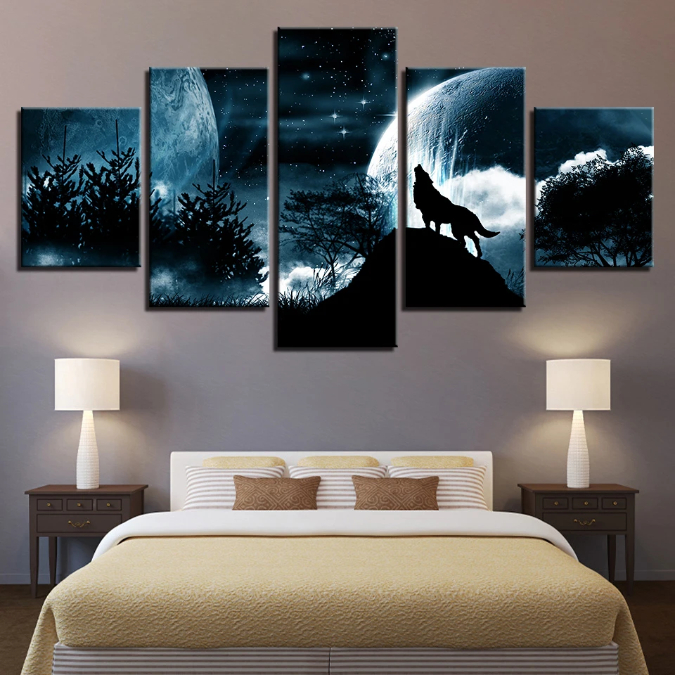 

Modular Canvas HD Print Pictures Wall Art 5 Pieces Full Moon Night Wolf Howl Painting Forest Animal Starry Sky Poster Home Decor
