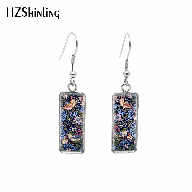 

2019 New William Morris Patterns Rectangular Earrings The Strawberry Thief Tapestry Fish Hook Earring Silver Glass Jewelry