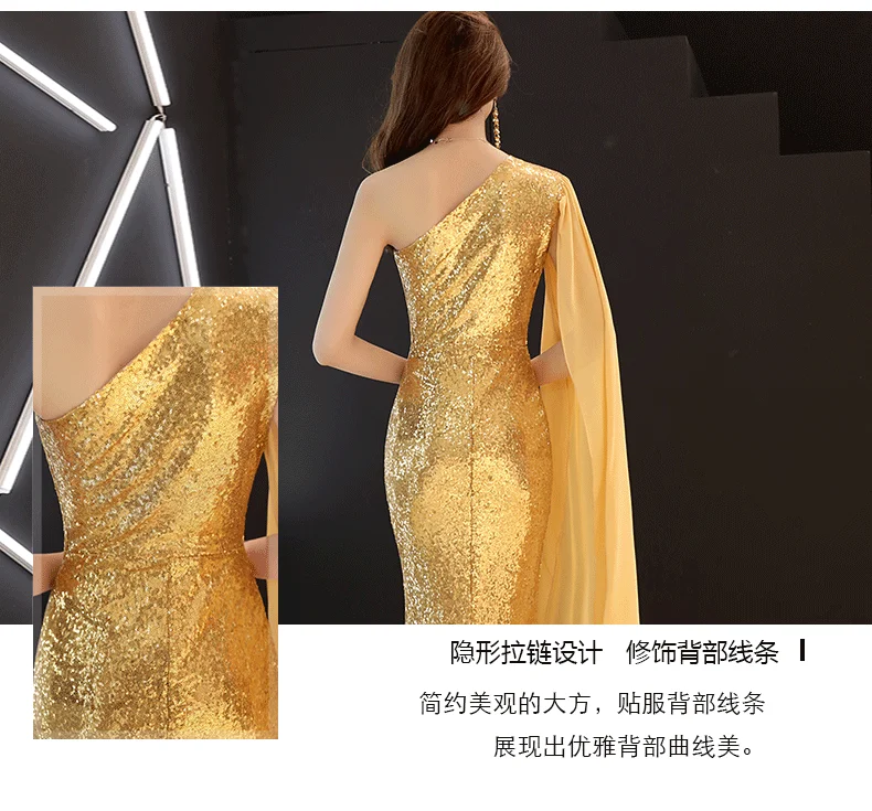 Золотистые Роскошные вечерние длинные золотистые платья элегантные женские длиной до пола тонкие блестками vestido Формальные специальные одно плечо платье