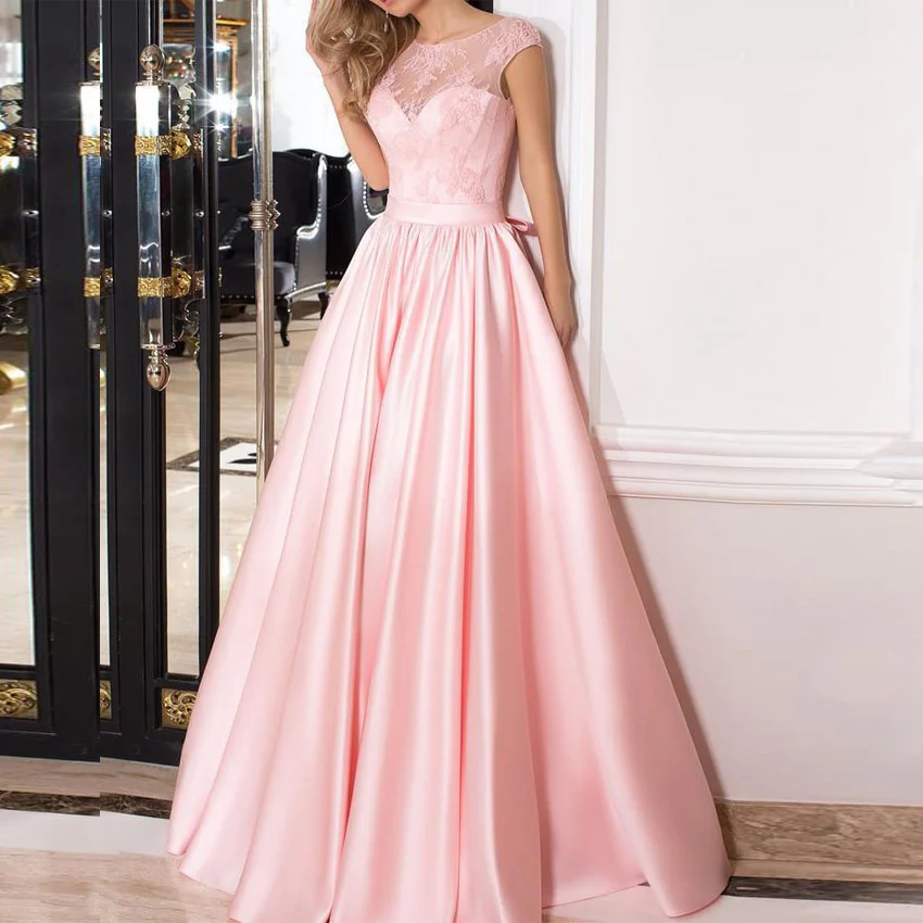 

Princess Pink Cap Sleeve Long Evening Dress Satin Scoop Neck A-line Satin Prom Dresses Vestido De Festa Longo