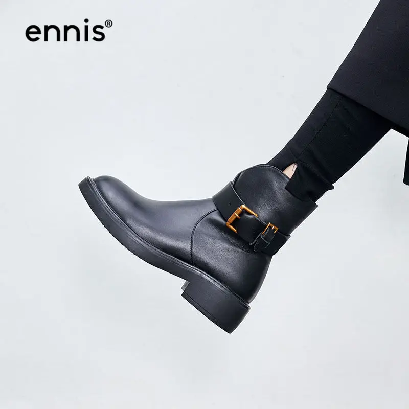 

ENNIS 2019 Autumn Black Leather Boots Round Toe Buckle Ankle Boots Women Flat Boots Cow Genuine Leather Shoes Winter New A8185