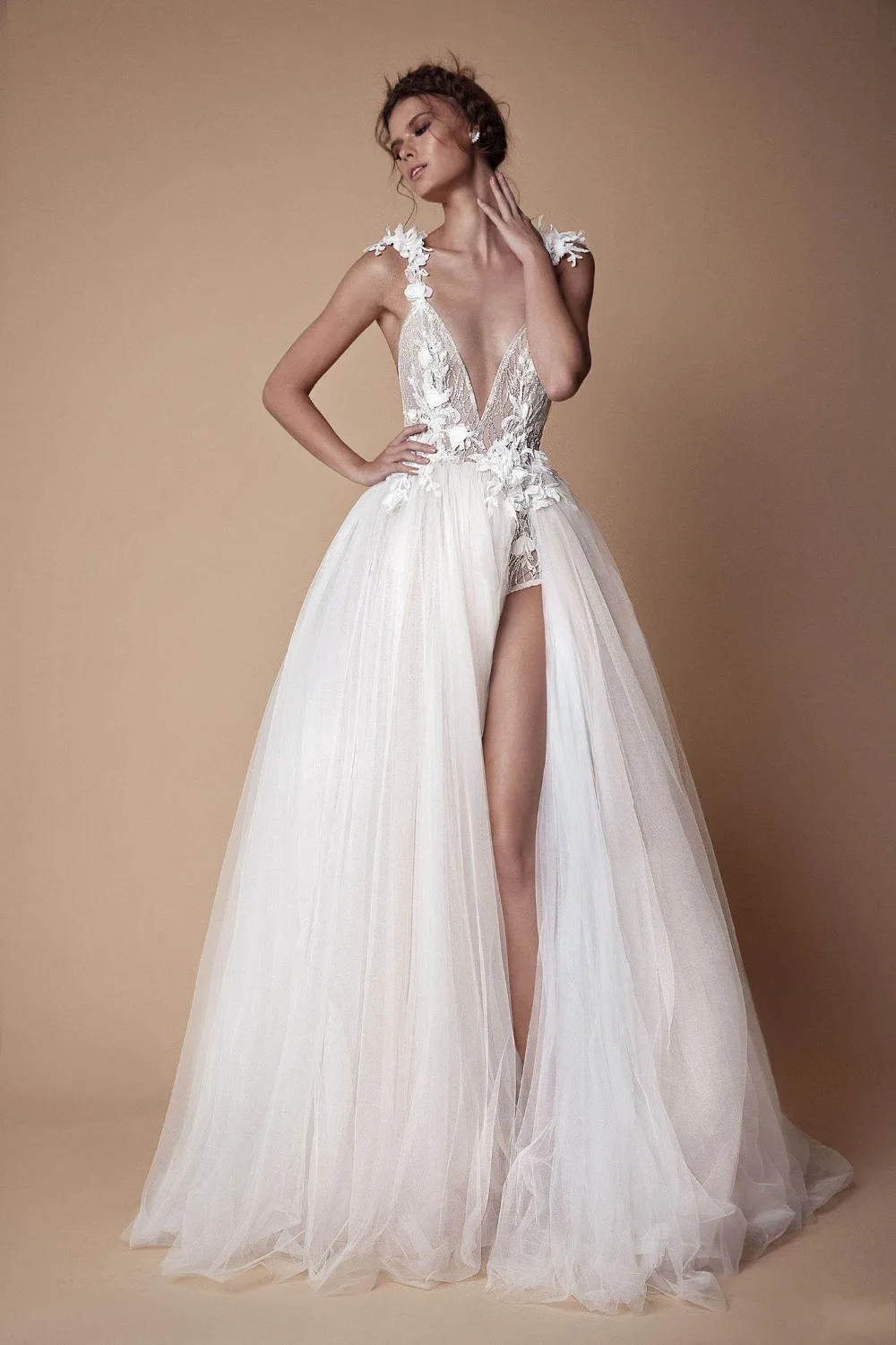 

Custom Made High-End Dresses Chic A-line Prom Dress 2019 Straps Appliques Split Tulle Evening Formal Dress vestido de festa