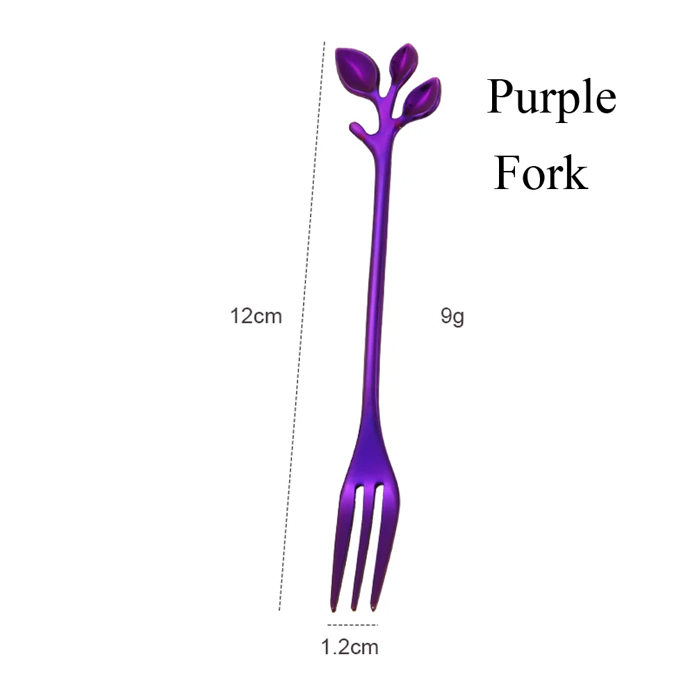 Нержавеющая сталь маленькие ветви лист узор кофе чай обеденная ложка посуда столовые приборы вилка для фруктов и десертов перемешивание ложка принадлежности для приготовления обеда - Цвет: Fork purple