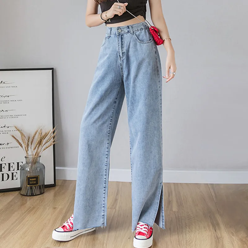 

Qiukichonson Summer Casual Loose Wide Leg Jeans Women High Waist Washed Blue Side Slit Frange Denim Pants Ladies