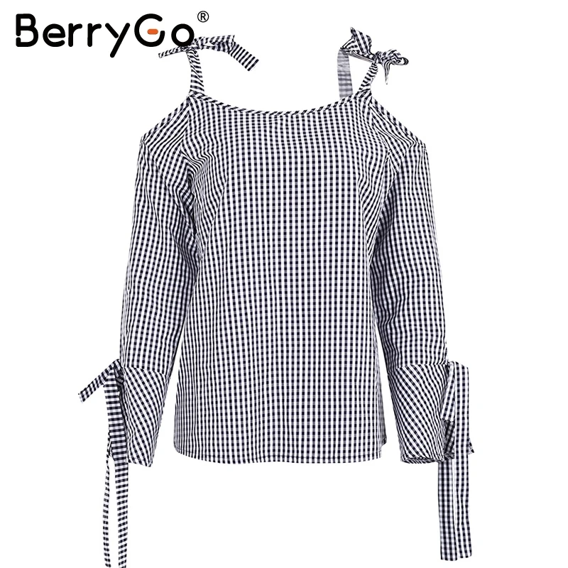 Berrygo Sexy с открытыми плечами Клетчатая блуза рубашка Для женщин лук длинные рукава