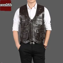Брендовый жилет из натуральной коровьей кожи, мужской жилет с множеством карманов, коричневая мотоциклетная куртка, мужской жилет 01