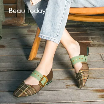 

BeauToday Women Loafers Genuine Leather Calfskin Metal Buckle Starp Square Toe Slip-On Female Flat Shoes Handmade 30053