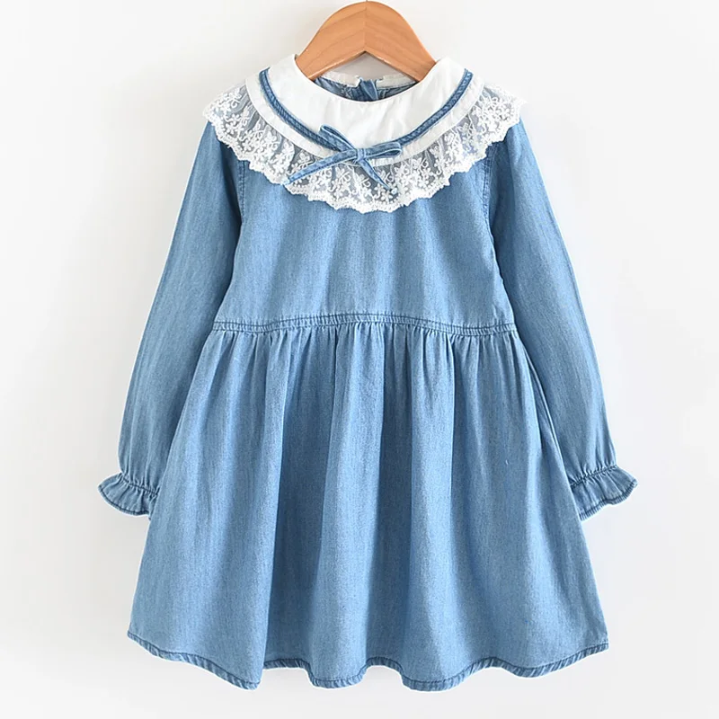 Платья для девочек г. Новая Осенняя детская одежда модное милое джинсовое платье принцессы с длинными рукавами и кружевным бантом для девочек