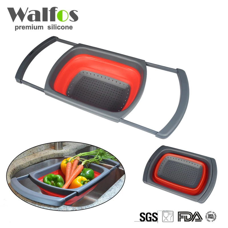 Billig WALFOS LEBENSMITTEL Grade Faltbare Silikon obst Gemüse Sieb Sieb Waschbecken waschen Korb Kochen küche korb sieb gadget