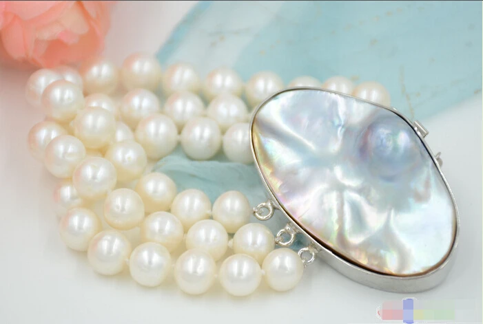 

P4695 AA++ 3row 8" 11mm ROUND white Freshwater cultured PEARL bracelet mabe clas @^Noble style Natural Fine jewe SHIPPING new >>