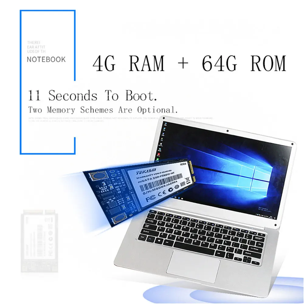 feed me 14 Inch Laptop 4GB RAM 64GB ROM Intel Atom X5 Z8350 Quad Core CPU Windows 10 HD Screen Notebook BT4.0 with HDMI Port