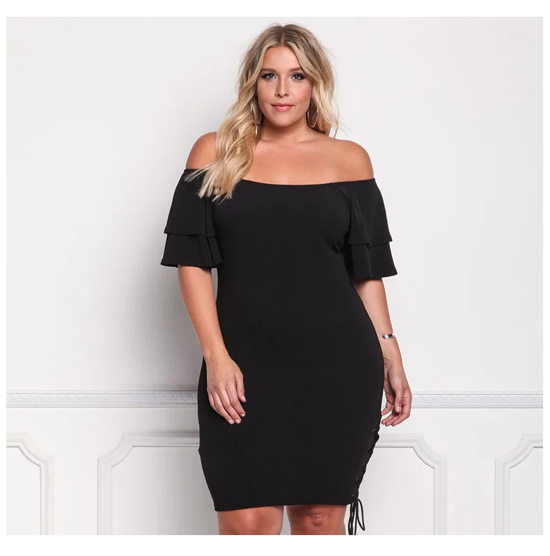

Autumn New Women's dress size sexy dress knitted pure color loudspeaker sleeves shoulder lady dress