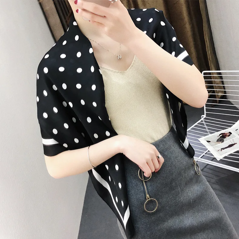 

Summer new 90cm square big faux silk scarves dot white black pink smooth soft silk shawl women female print summer silk scarf