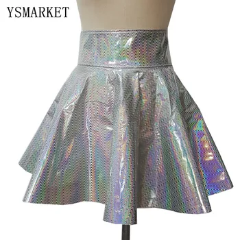 

Silver Shiny Psychedelic Skirt PU High Waist Female Summer Korean Style Mini Skirts Women Sexy Clubwear A367