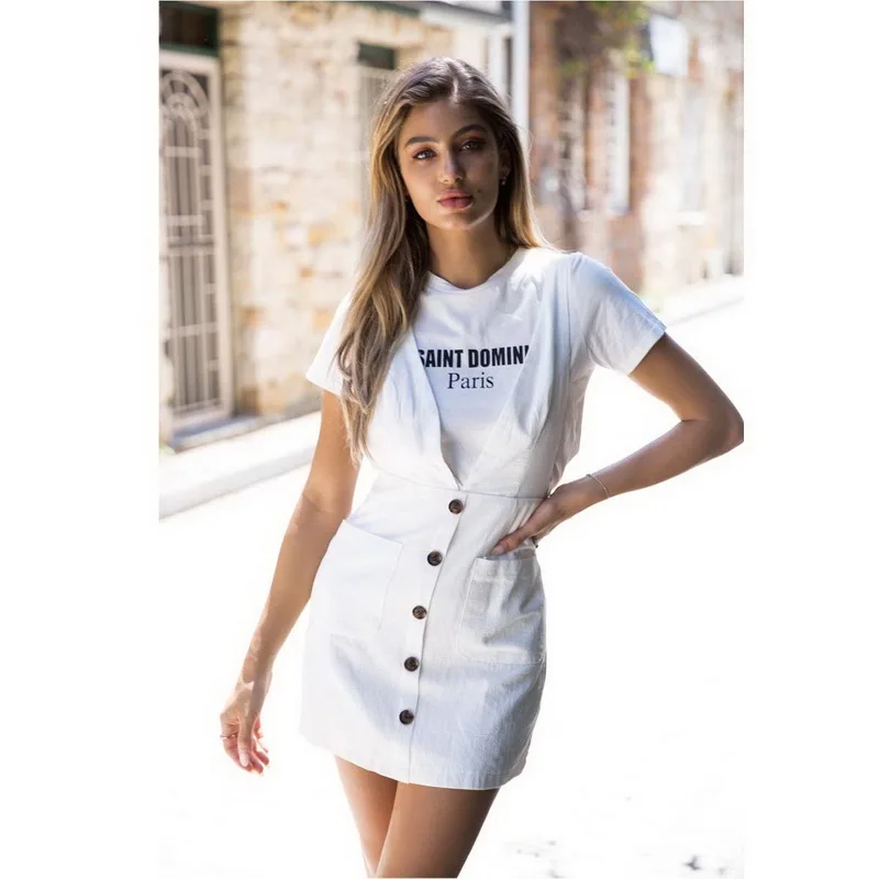 

FESTY Fashionable 2019 Women Summer Clothes V Neck Strap White Casual Dress Streetwear Straight Mini Dress Women