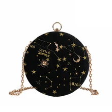 Модная велюровая круглая сумка на плечо с вышивкой в виде звезд, повседневная женская сумочка на цепочке, мини сумка через плечо с клапаном