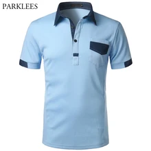 Брендовая мужская рубашка поло, Джинсовая, из кусков, хлопок, Мужская рубашка поло, повседневная, приталенная, короткий рукав, с карманом, Camisas, поло, мужские Поло, Homme