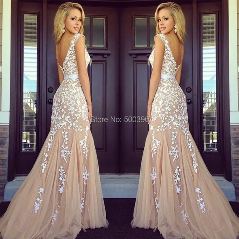White Lace Appliques Champagne Tulle 