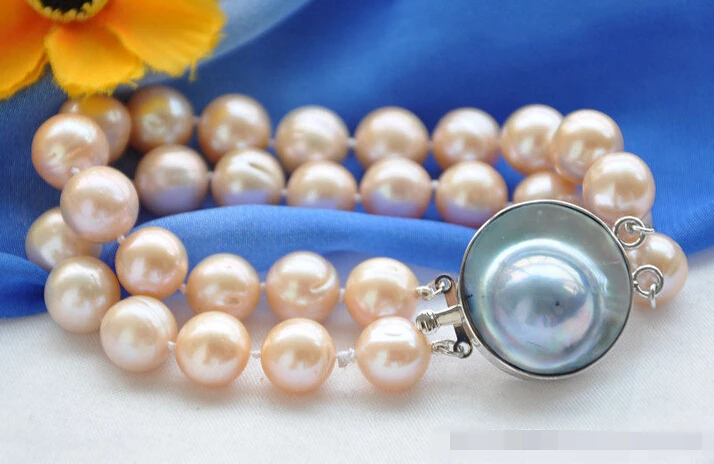 

Free shipping >>>>>>Z5552 NATURAL 2row 8" 12mm ROUND PINK PEARL BRACELET MABE