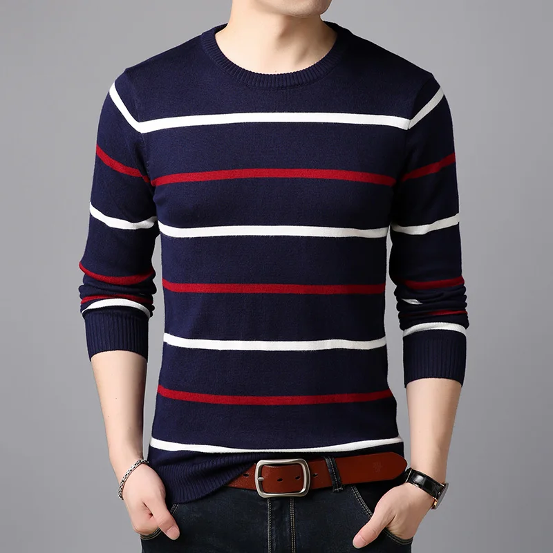 Модный брендовый мужской свитер, пуловеры в полоску, облегающие вязаные Джемперы, теплая Осенняя повседневная мужская одежда в Корейском стиле - Цвет: Тёмно-синий