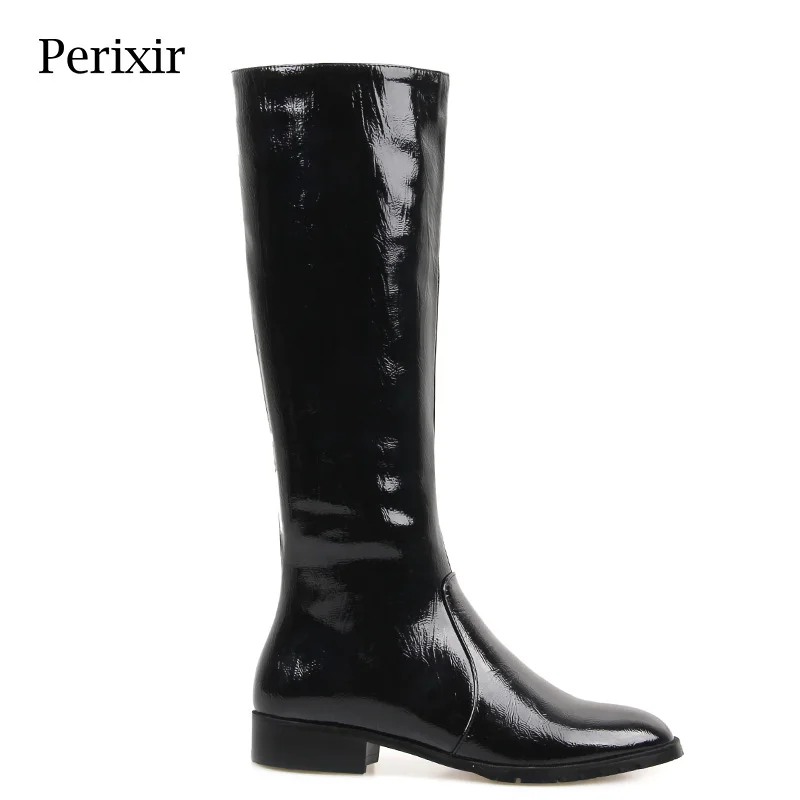

Perixir Knee-High Patent Leather Boots 3 CM Low Heel Pointed Toe Square Heel Fahsion Metal Decoration Black Solid Boots Winter
