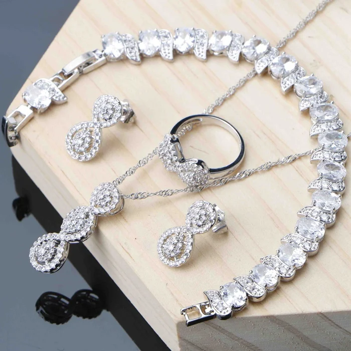Комплекты украшений для женщин серебро 925 украшение-гвоздик серьги, браслет, кольцо ожерелье набор блестящий белый цирконий дропшиппинг - Окраска металла: 4PCS