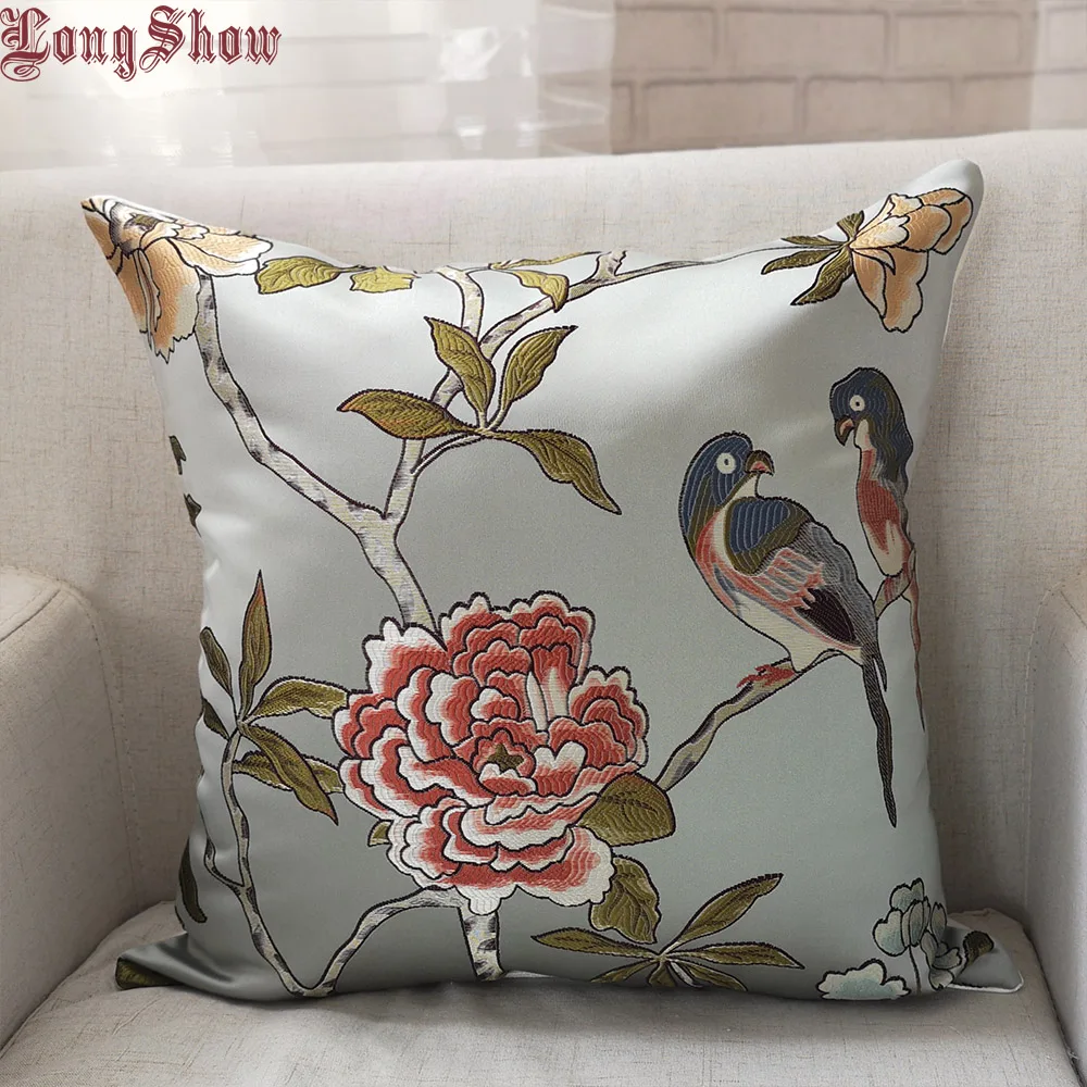

Free Shipping 1Pcs Super Luxury Modern Parrot Pattern 45x45cm Square Dark 100% Damask Silk Satin Pillow Cover Case