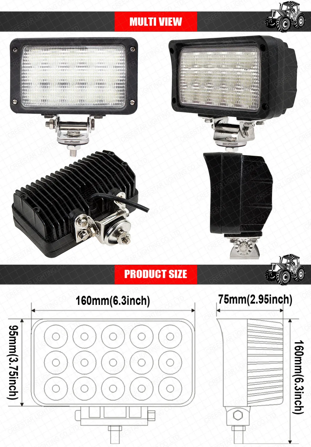 12 V IP67 водонепроницаемый Светодиодный луч корпус фары для трактора светодиодный рабочий свет, светодиодные полосы освещения мощностью 45 Вт, прямоугольный Боковое крепление кронштейнов для фронтального погрузчика New Holland x2pcs