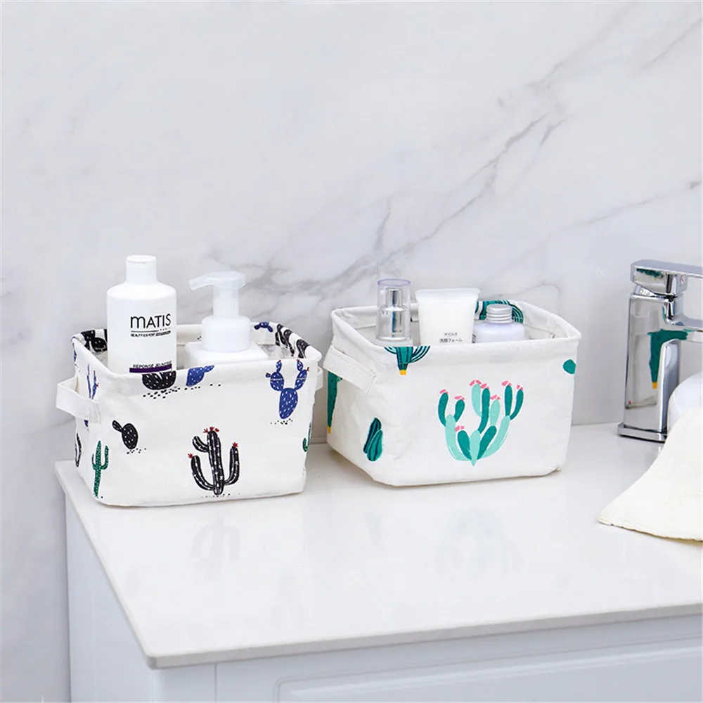 

Cotton Linen Storage Basket Cute Printing Waterproof Organizer With Handle Desktop Sundries Storage Box Underwear Storage Bag