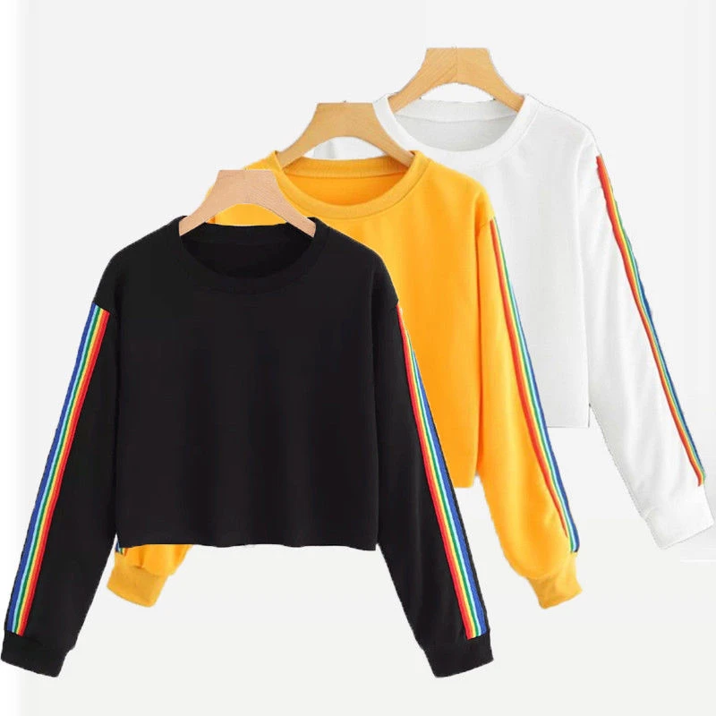 

New Fashion Women Autumn Hoodies Sweatshirts Striped Rainbow Printed Female Pullover Crop Tops Street Wear Clothes
