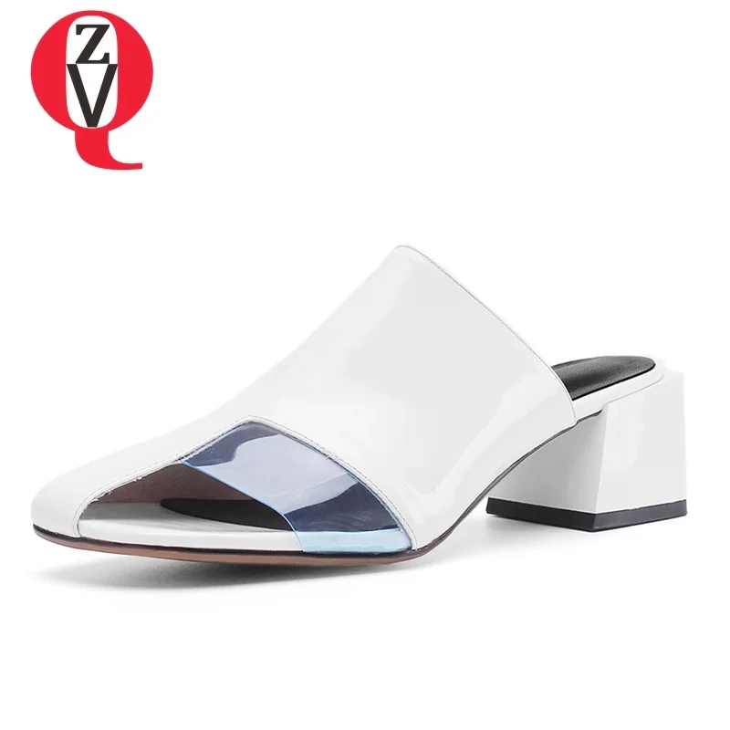 

ZVQ shoes woman summer new fashion square toe patent leather woman slippers outdoor med square heel ladies shoes size 34-39