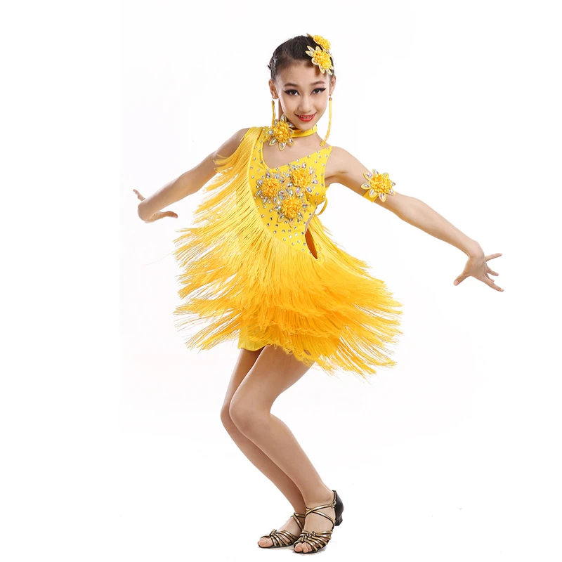 Детское профессиональное платье для латинских танцев для девочек, бальные платья для танцев для детей, красная бахрома для сальсы с блестками и кисточками - Цвет: yellow