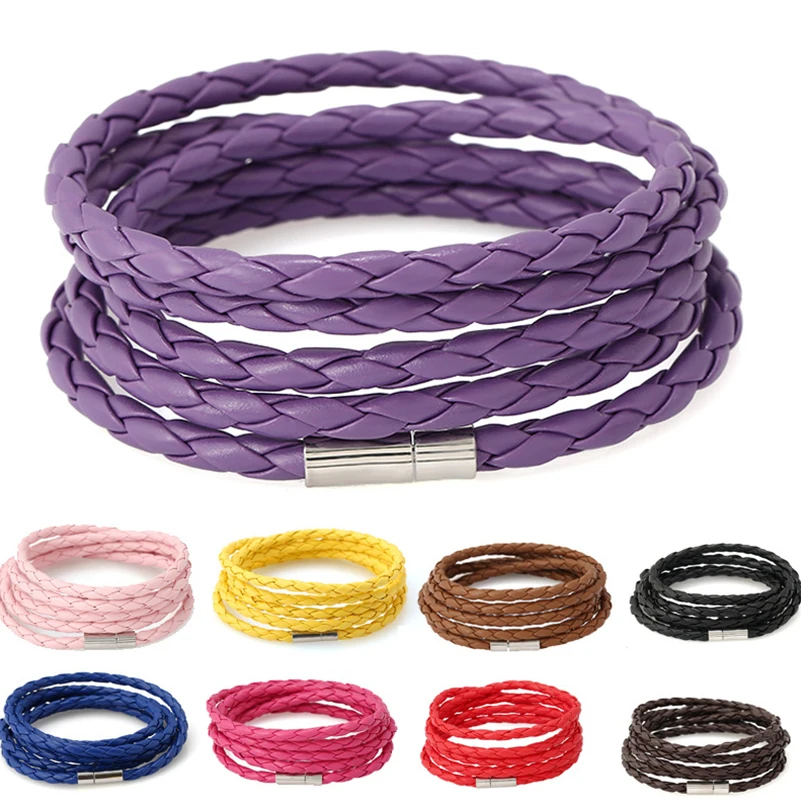 

Simple Handmade Boho Hippie Black Brown Red Royal Blue Hot Pink Yellow Braid Macrame Leather Easy Lock Unisex Layered Bracelets