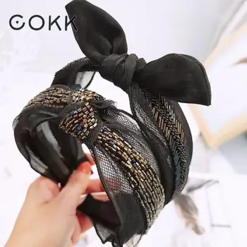 

COKK Hairbands Knotted Hair Band Women Rabbit Ear Bow Crystal Beaded Wide Lace Hair Hoop Lady Black Handmade Hair Accessories