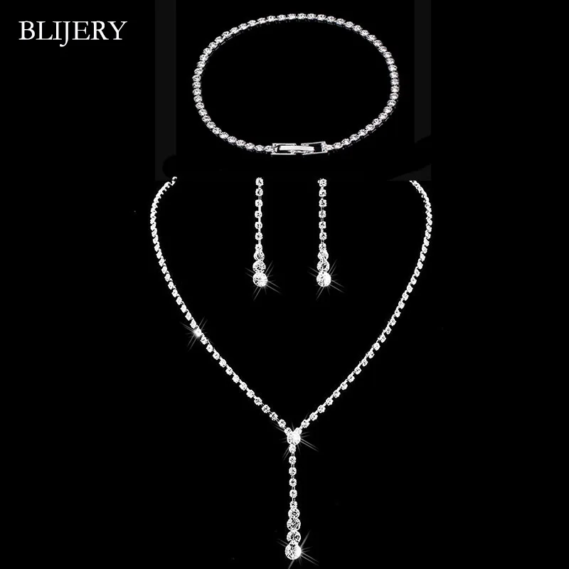 BLIJERY, серебряный цвет, простой кристалл, Свадебные Ювелирные наборы, длинная капля, ожерелье, серьги, браслет, набор для женщин, свадебный ювелирный набор