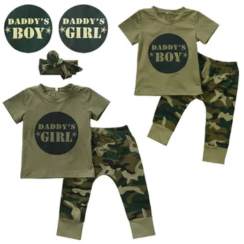 

2017 New Camouflage Baby Clothes Daddy's Boy Girl Short Sleeve T-shirt Tops+Pant Outfit Toddler Kids Clothing Set 0-24M