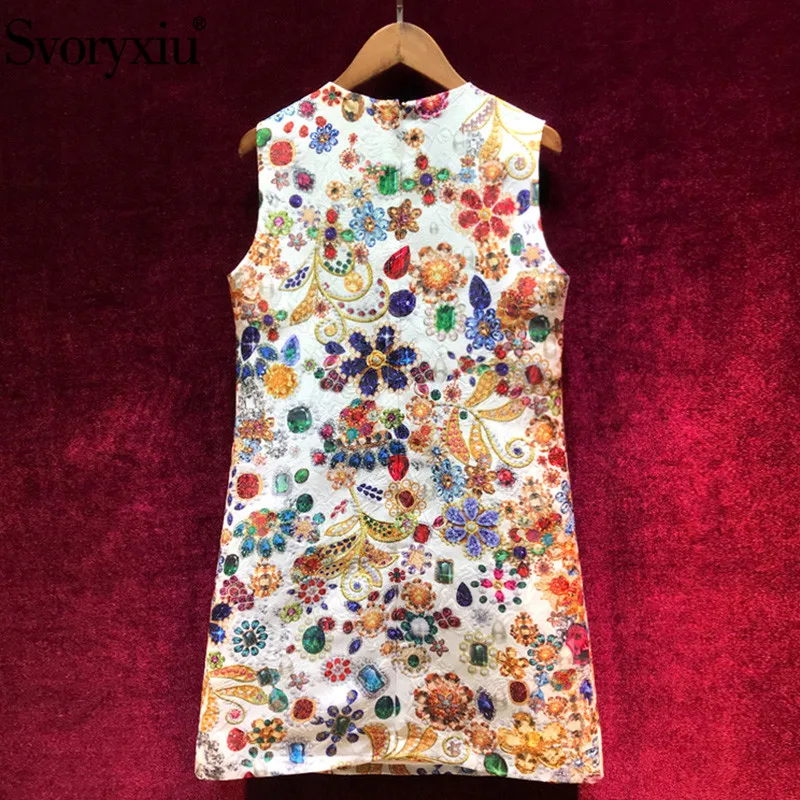 Koop Svoryxiu High End luxe Runway Zomer Party Tank Korte Jurken vrouwen Vintage Barokke Gedrukt Crystal Diamond EEN Lijn Jurk