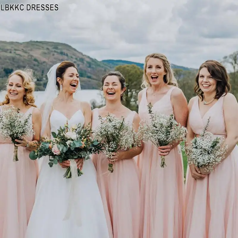 Легкий розовый шифоновый платье для подружки невесты 2019 V средства ухода за кожей Шеи Длинные свадебные праздничные платья дешевые женское