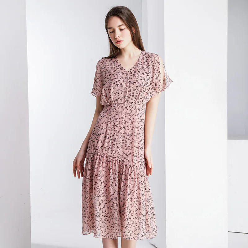Silk High Elastic Waist Dress Women V Neck A Line Short Sleeve Print Floral Bohemian Dress Female Ruffles Long Dress Vestidos