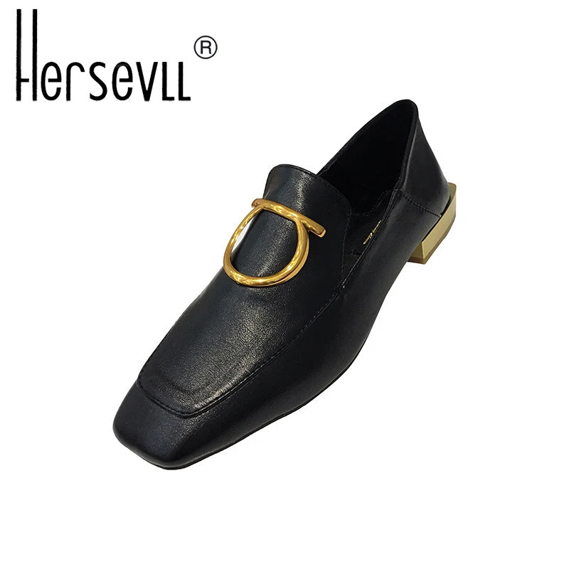 

2019 New Women's Leather Shoes with Low-heel Metal Button Casual Shoe Shallow Square Head Square heel Lazy Women's Single Shoes